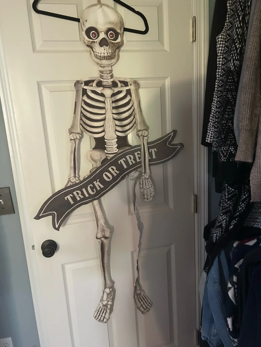 Pottery Barn Gray Skeleton Wall Hanging with 'Trick or Treat' Banner